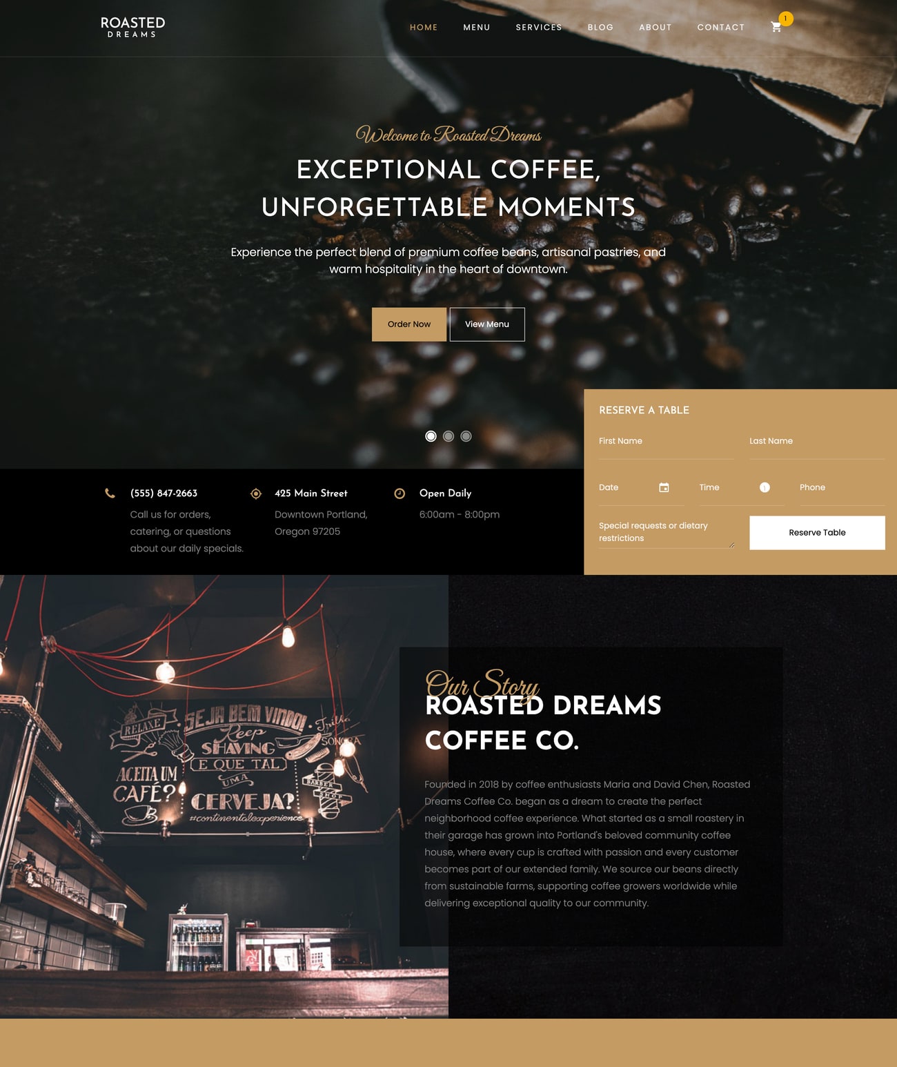Roasted Dreams coffee shop website